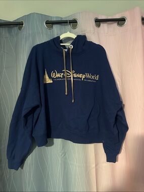 Disney Navy Blue Cropped Crewneck Sweatshirt with Gold Logo